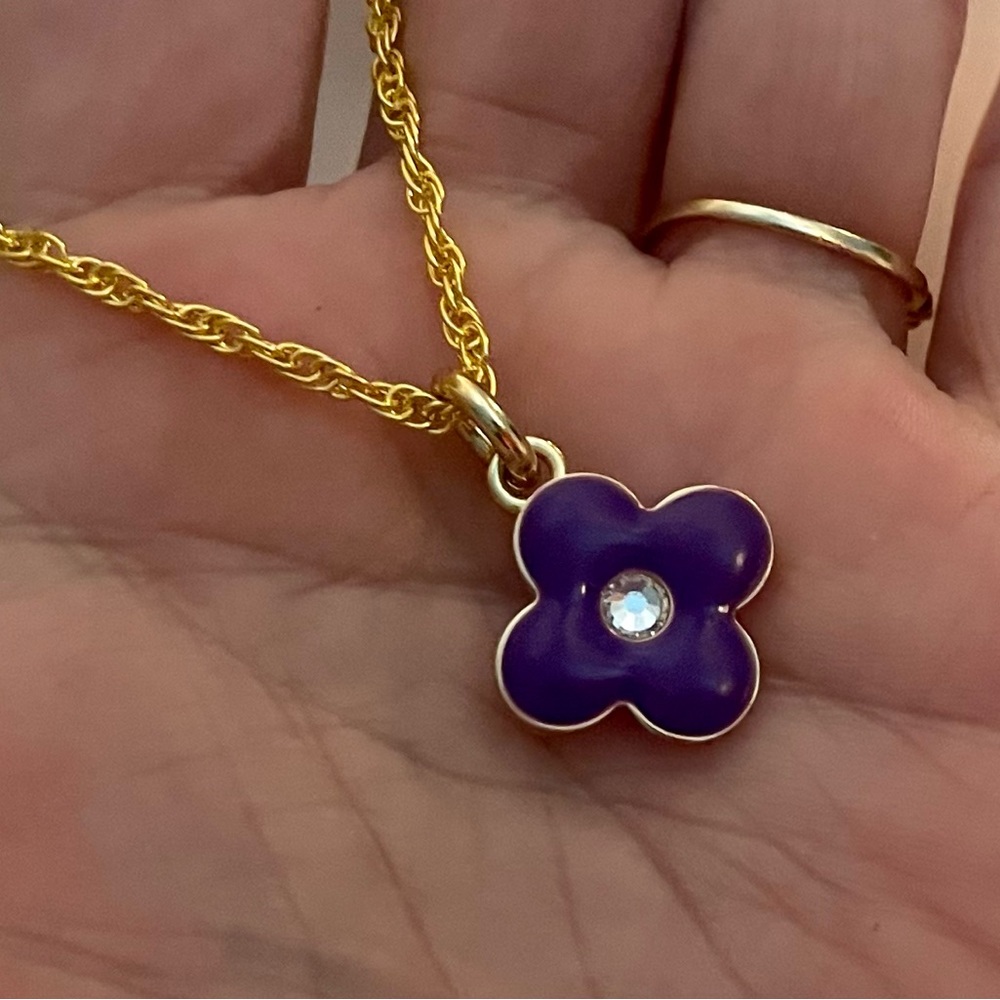 Coach Purple Enamel Crystal Clover Pendant 18k/.925 Sterling Silver Necklace - Picture 2 of 6